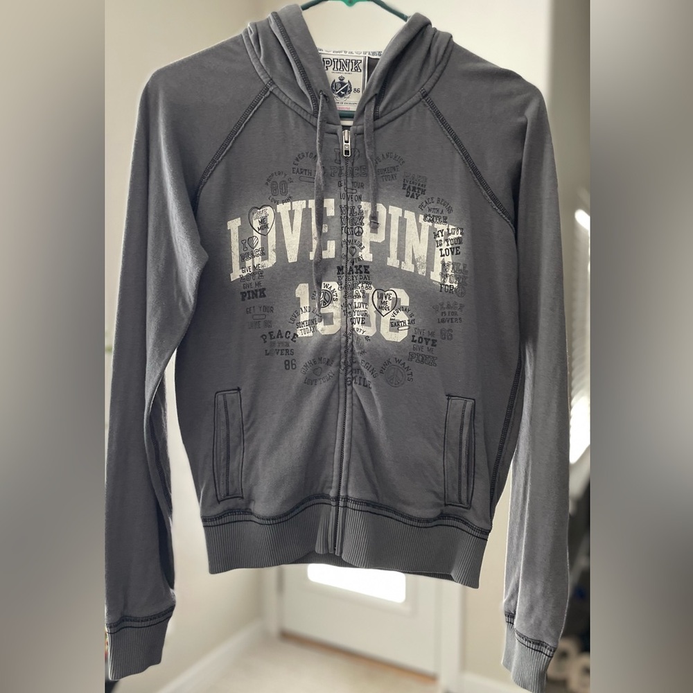 PINK Victoria's Secret Charcoal Gray Full Zip Hoodie with Graphic